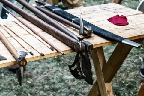 Set of weapons medieval warrior ax pattern, sword in scabbard and mace Foto stock