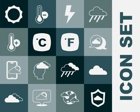 Set Weather forecast, Cloud, Location cloud, Lightning bolt, Celsius Illustrazione stock