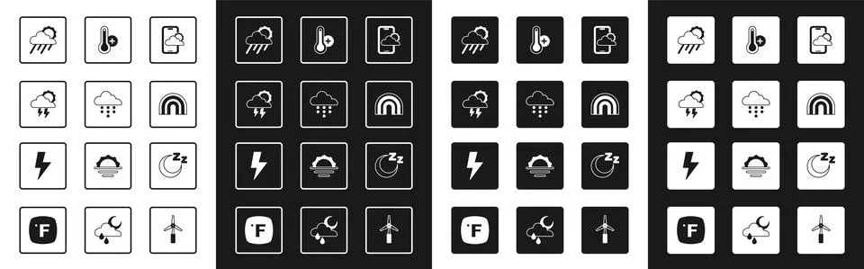 Set Weather forecast, Cloud with rain, Storm, and sun, Rainbow, Meteorology Stock Illustration