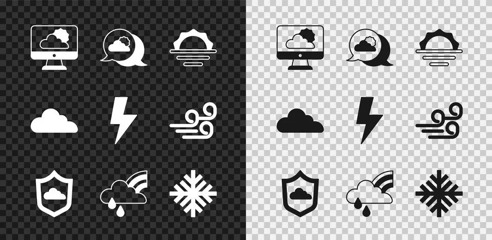 Set Weather forecast, Location cloud, Sunrise, Rainbow with and rain, Snowflake Stock Illustration