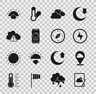 Set Weather forecast, Location cloud, Lightning bolt, Sun and weather, Storm 스톡 일러스트
