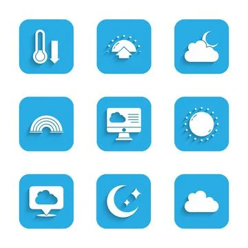Set Weather forecast, Moon and stars, Cloud, Sun, Location cloud, Rainbow, with Stock Illustration