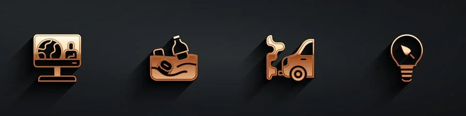 Set Weather forecast, Problem pollution of ocean, Car exhaust and Light bulb Stock Illustration