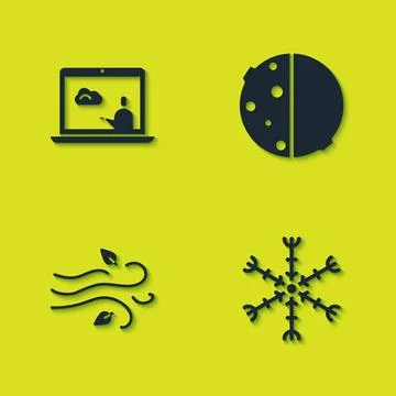 Set Weather forecast, Snowflake, Wind and Eclipse of sun icon. Vector Stock Illustration