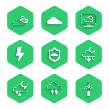 Set Weather forecast, Storm, Wind turbine, Cloud with snow and sun, rain mo.. Stock Illustration