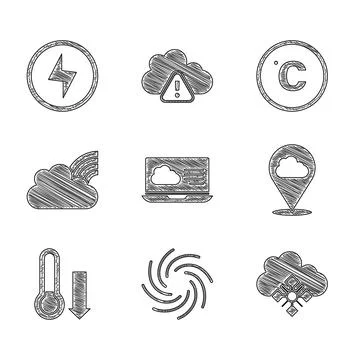 Set Weather forecast, Tornado, Cloud with snow, Location cloud, Meteorology t Illustrazione stock