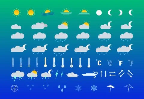A set of weather icons on a gradient background. Stock Illustration