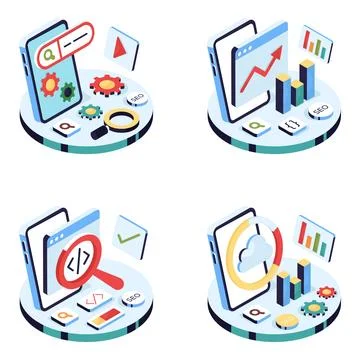 Set of Web and Analytics Isometric Illustrations Stock Illustration