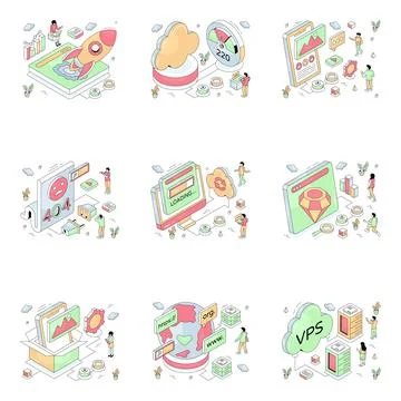 Set of Web and Data Flat Illustrations 스톡 일러스트