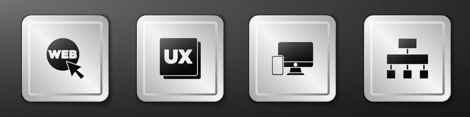 Set Web and graphic design, UI or UX, Monitor mobile and Site map icon. Silver Stockillustratie
