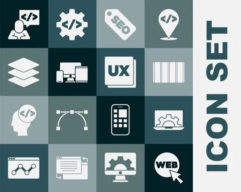 Set Web and graphic design, development, Color palette guide, SEO optimization 스톡 일러스트