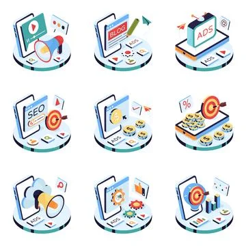 Set of Web and Marketing Isometric Illustrations Stock Illustration