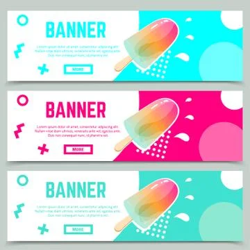 Set of web banner templates in memphis style with fresh summer popsicle. Stock Illustration