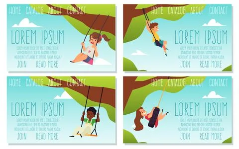 Set of web banners with happy kid swinging on swing, flat vector illustration. Stock Illustration