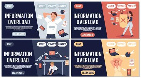 Set of web banners of information overload, flat vector illustration isolated. Stock Illustration