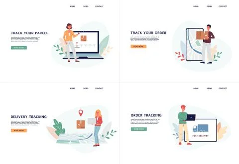 Set of web banners for parcels tracking sites with flat vector illustration. Illustrazione stock