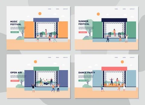Set of web banners for summer open air music party flat vector illustration. Stock Illustration