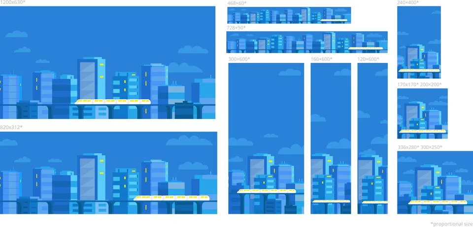Set of web banners template. Panorama city on the blue sky. Standard sizes for Stock Illustration