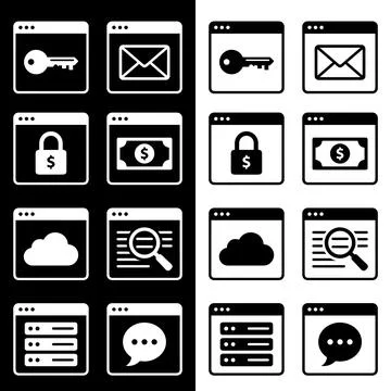 Set of web browser window icons with security key, email, lock, money, clou.. Stock Illustration