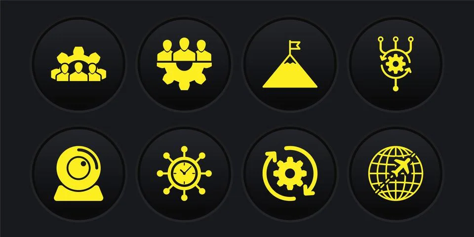 Set Web camera, Algorithm, Clock and gear, Gear arrows as workflow, Mountains イラスト素材