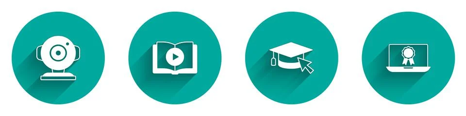 Set Web camera, Audio book, Graduation cap with cursor and Online education d Illustrazione stock