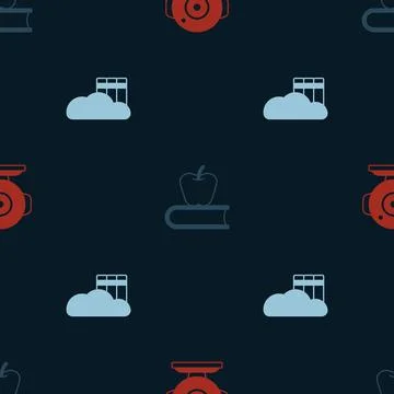 Set Web camera, Book with apple and Cloud or online library on seamless pattern Illustrazione stock