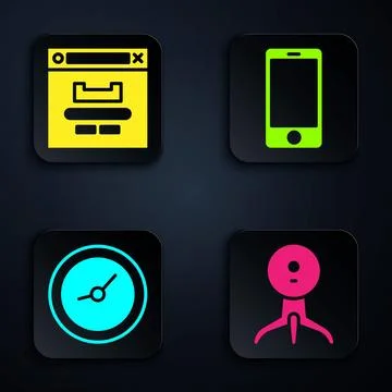 Set Web camera, Browser window, Clock and Mobile phone. Black square button.  Stock Illustration