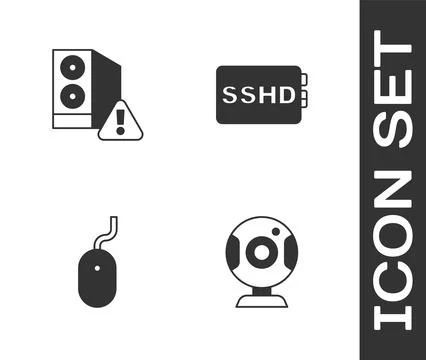 Set Web camera, Case of computer, Computer mouse and SSHD card icon. Vector Stock Illustration