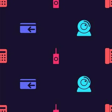 Set Web camera, Cash back, Remote control and Telephone on seamless pattern.  Stock Illustration