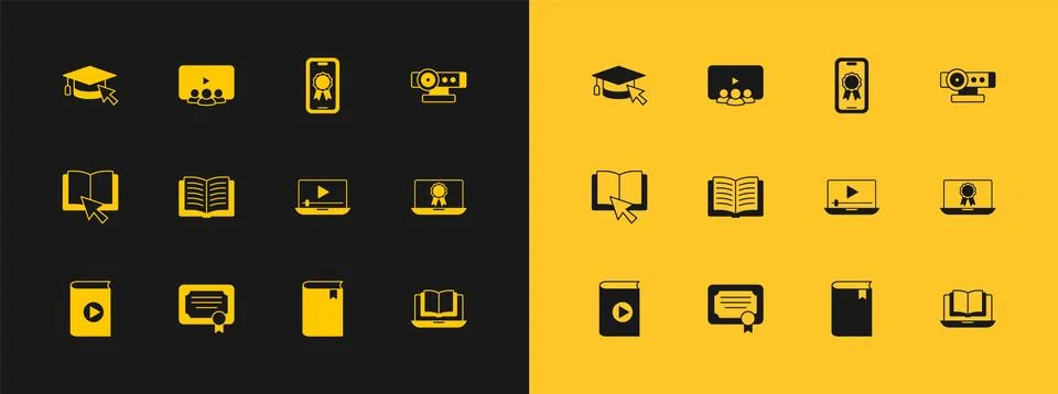 Set Web camera, Certificate template, Online play video, Book, Open book, e.. 스톡 일러스트