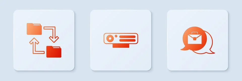 Set Web camera, Cloud storage document folder and Online working. White squ.. Illustrazione stock