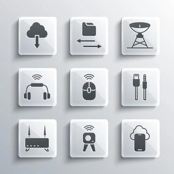 Set Web camera, Cloud technology data, USB cable cord, Wireless computer mouse 스톡 일러스트