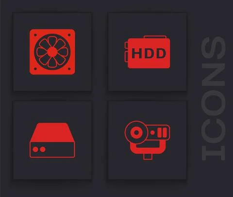 Set Web camera, Computer cooler, Hard disk drive HDD and Server, Data, Hosting Illustrazione stock