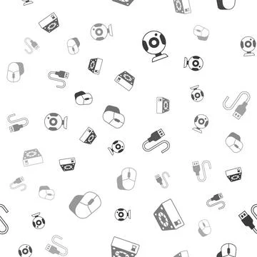 Set Web camera, Computer cooler, USB cable cord and mouse on seamless pattern 스톡 일러스트