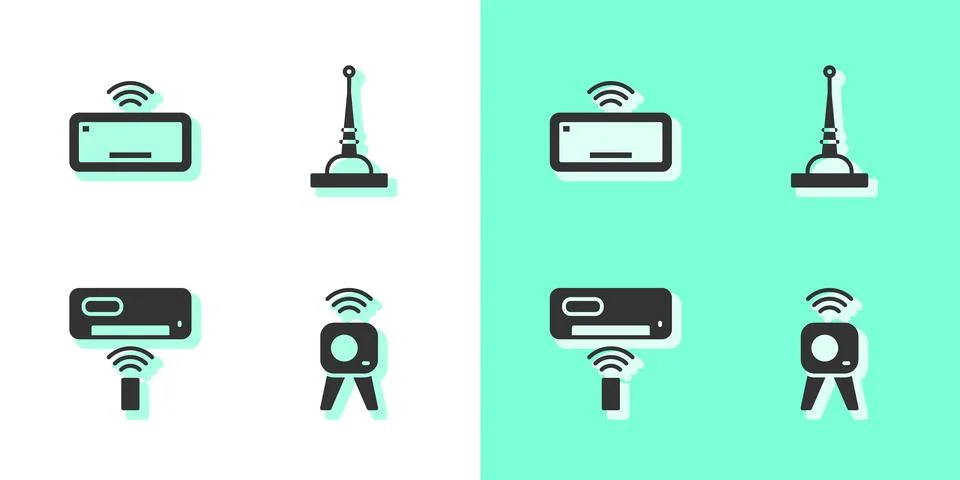 Set Web camera, Computer keyboard, Air conditioner and Antenna icon. Vector Stock Illustration