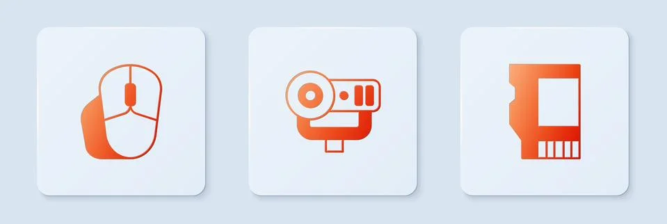 Set Web camera, Computer mouse and SD card. White square button. Vector 스톡 일러스트