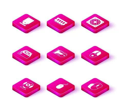 Set Web camera, Computer mouse, cooler, Video graphic card, and RAM, random 스톡 일러스트