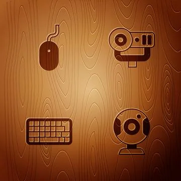 Set Web camera, Computer mouse, Keyboard and on wooden background. Vector Illustrazione stock