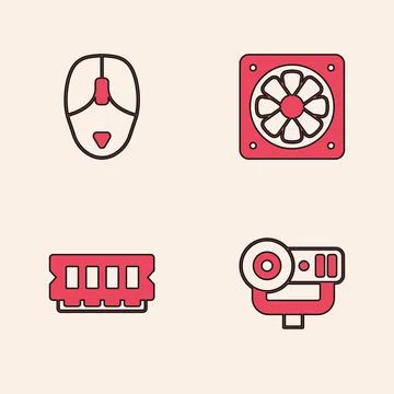 Set Web camera, Computer mouse, cooler and RAM, random access memory icon Illustrazione stock