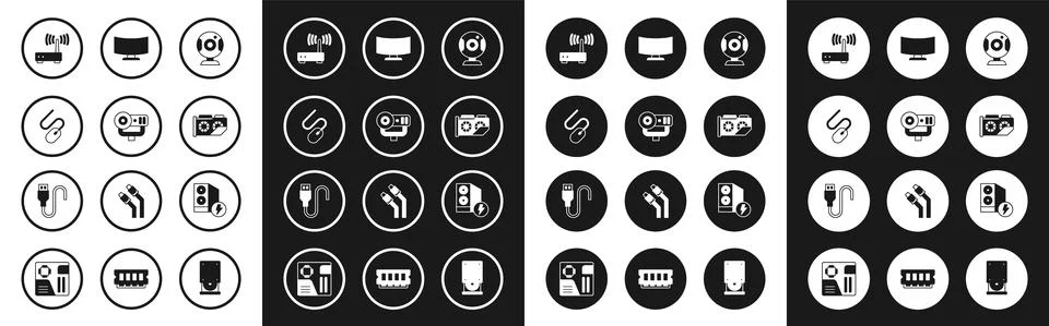 Set Web camera, Computer mouse, Router and wi-fi signal, Video graphic card 스톡 일러스트