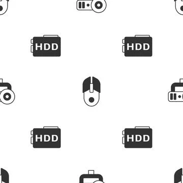 Set Web camera, Computer mouse and Hard disk drive HDD on seamless pattern Stockillustratie