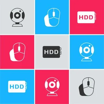 Set Web camera, Computer mouse and Hard disk drive HDD icon. Vector 스톡 일러스트