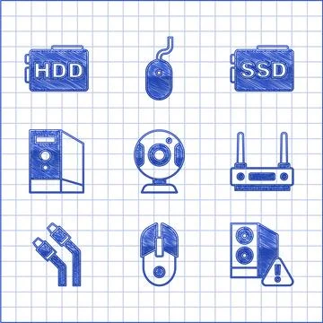 Set Web camera, Computer mouse, Case of computer, Router and wi-fi signal, .. Stock Illustration