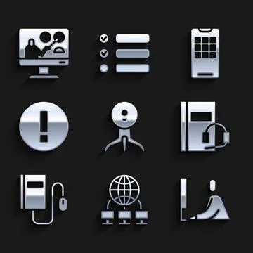 Set Web camera, Computer network, Student working at laptop, Audio book, El.. 스톡 일러스트