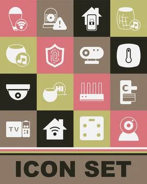 Set Web camera, Digital door lock, Thermostat, Mobile with smart home Stock Illustration