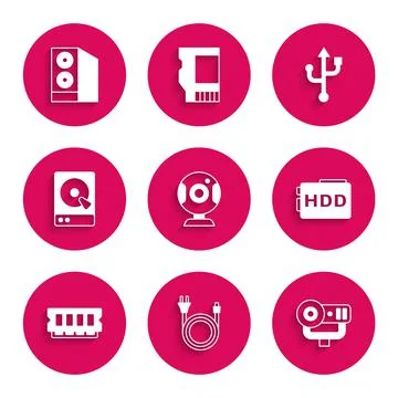 Set Web camera, Electric plug, Hard disk drive HDD, RAM, random access memory 스톡 일러스트