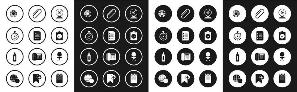 Set Web camera, File document, Briefcase, Scotch, Completed task, Paper clip Stock Illustration