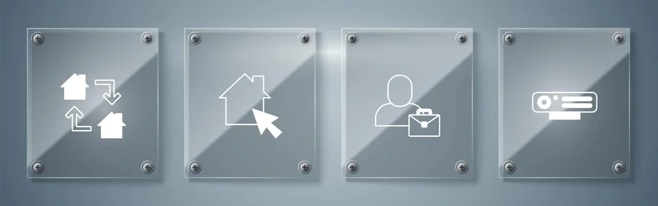 Set Web camera, Freelancer, Online working and . Square glass panels. Vector Stock Illustration