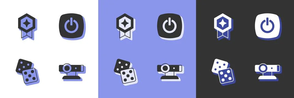 Set Web camera, Game rating with medal, dice and Power button icon. Vector Stock Illustration