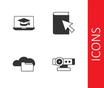 Set Web camera, Graduation cap on laptop, Cloud or online library and Online Illustrazione stock